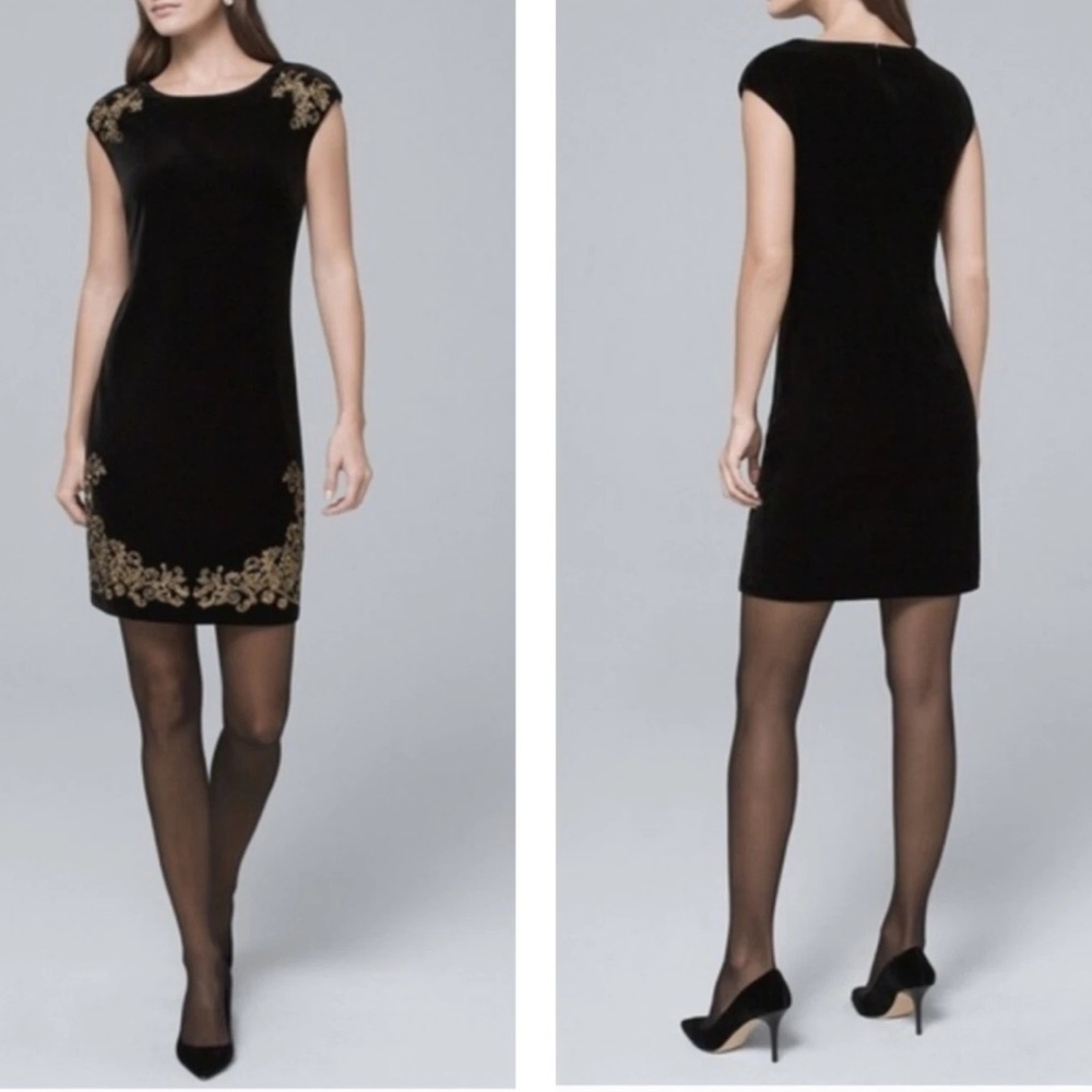 White House Black Market embroidered Sleeveless Black Velvet Office Shift Dress